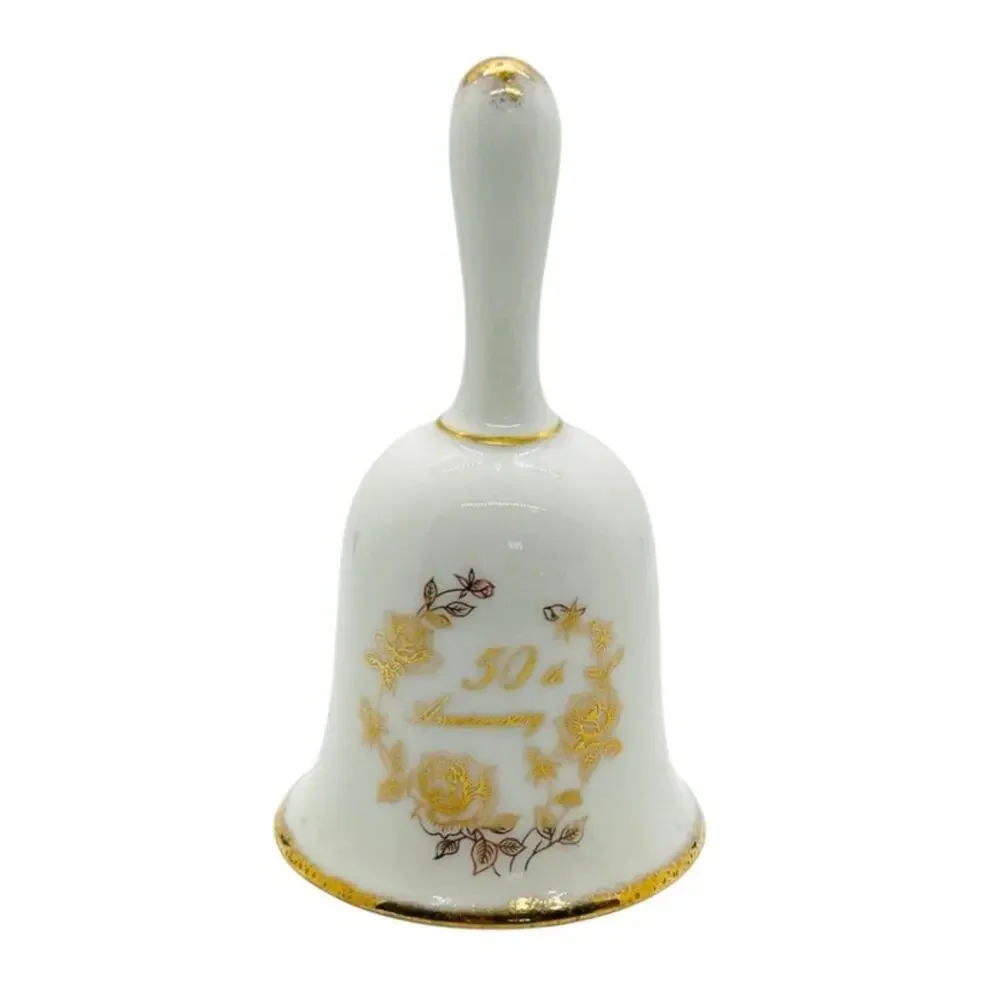 VTG Enesco 50th Golden Wedding Anniversary Porcelain‎ Bell White & Gold Floral